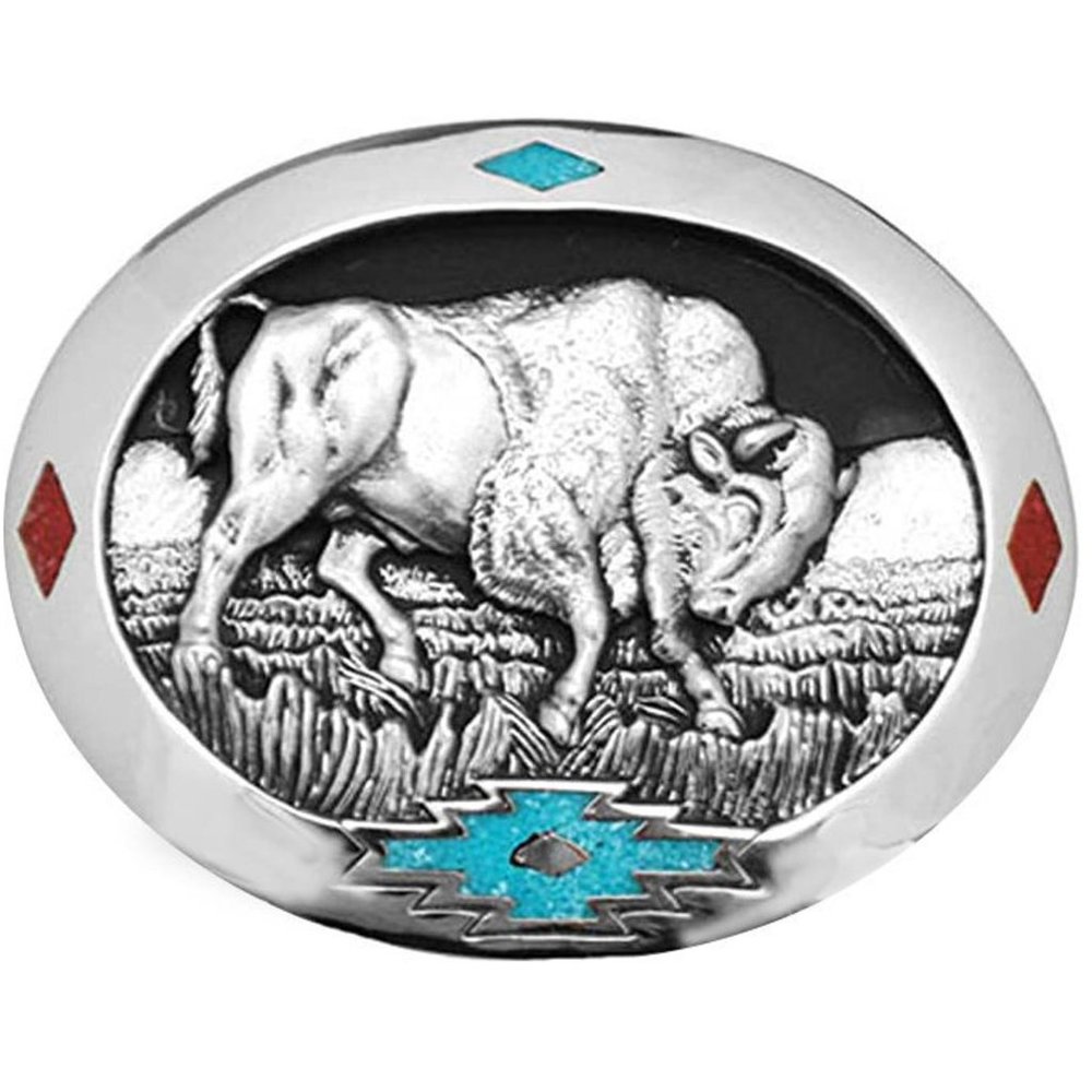 Turquoise and Coral Inlay Belt Buckle Buffalo Oval Bison Yellowstone Western